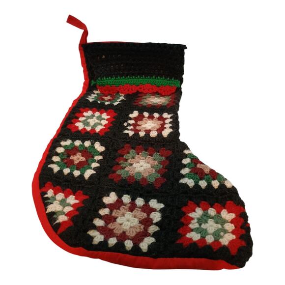 Vintage Crocheted Granny Square Christmas Stocking Off White & Multi Color - Picture 1 of 11